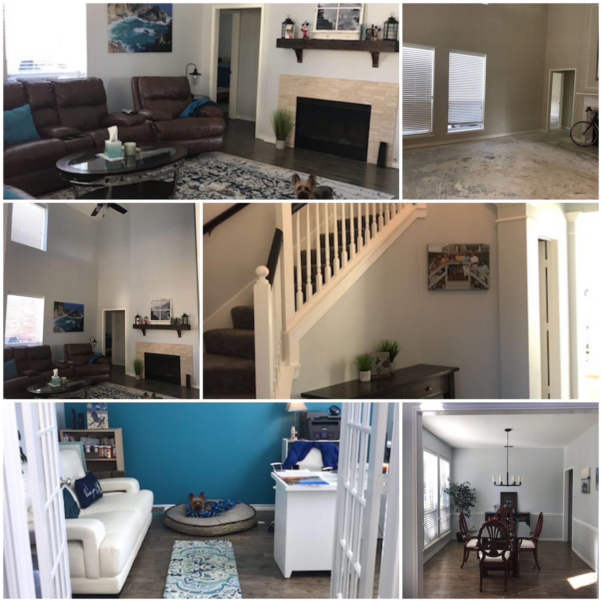 A collage of pictures of a living room and dining room