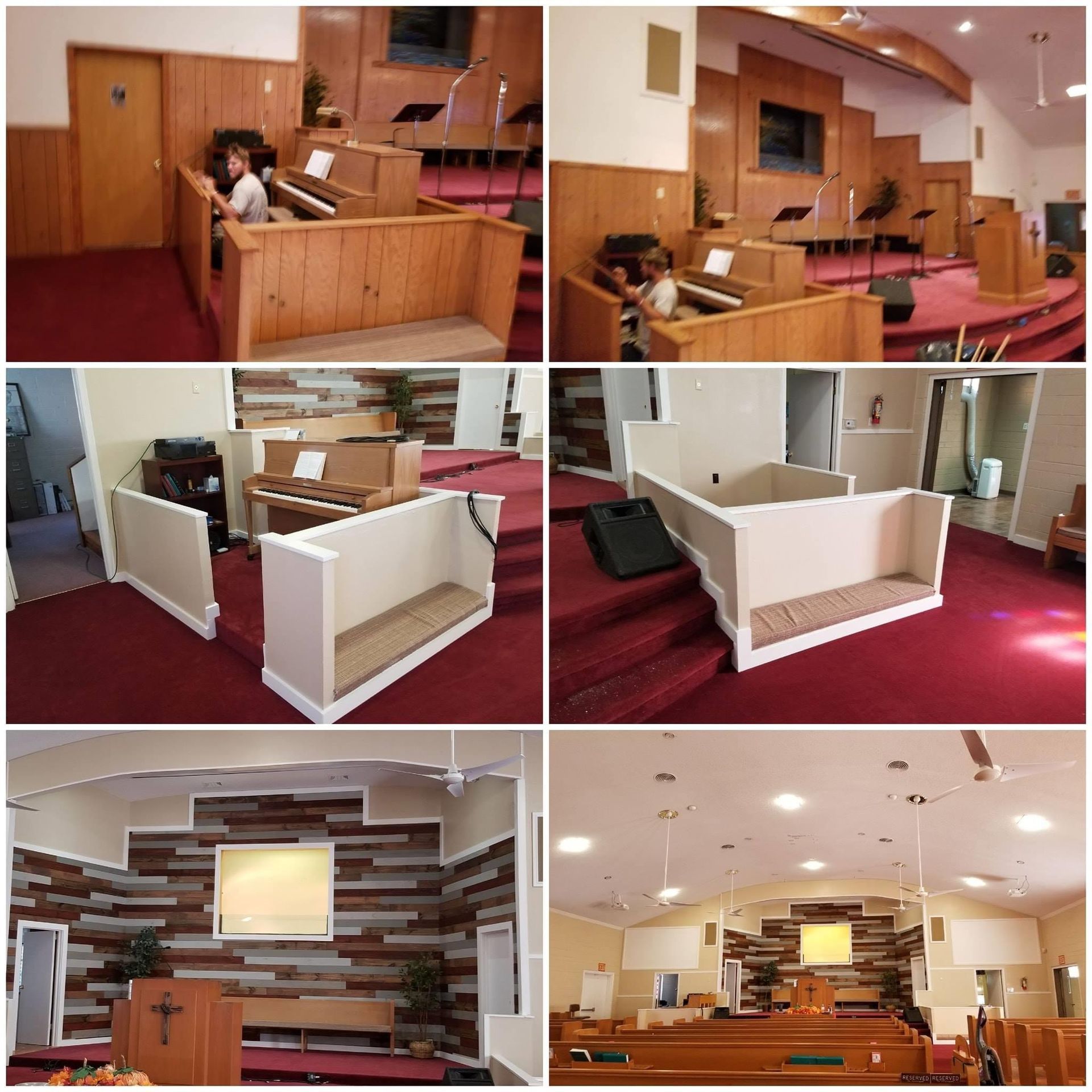 A collage of pictures of a church with a red carpet