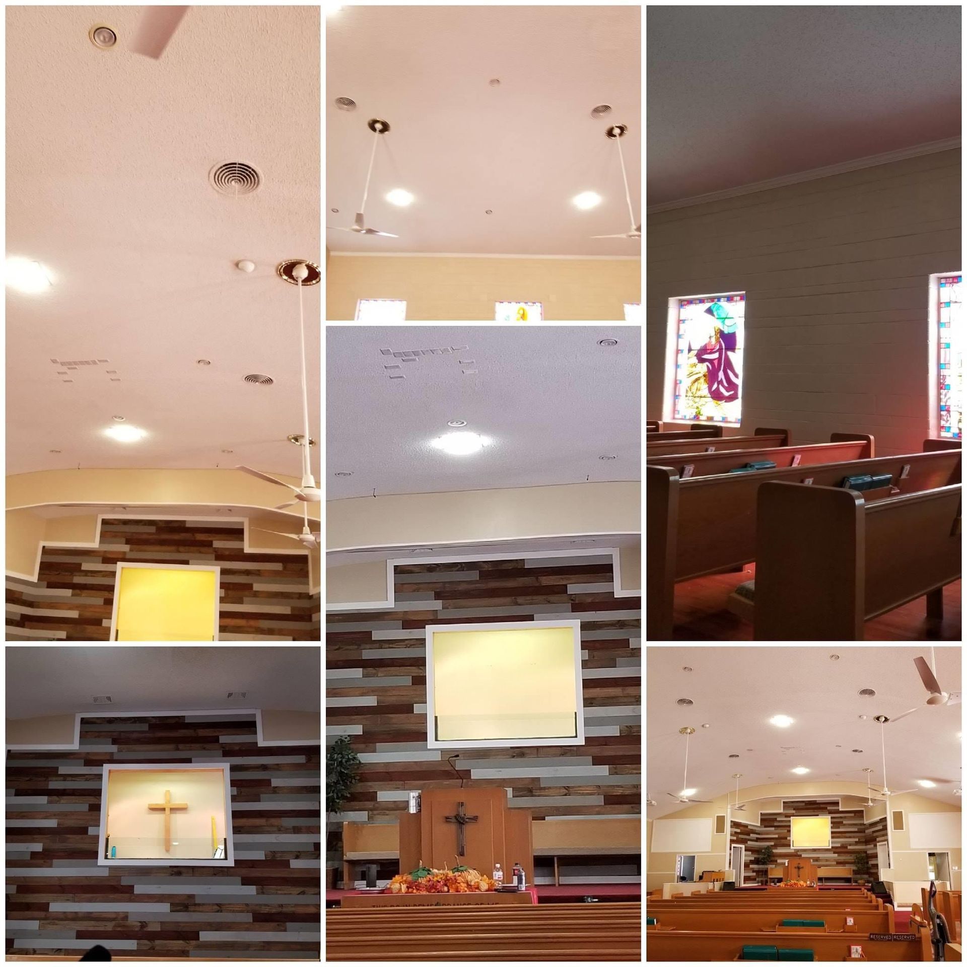 A church with a wooden wall and a stained glass window