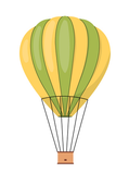 Yellow and green striped hot air balloon with basket.