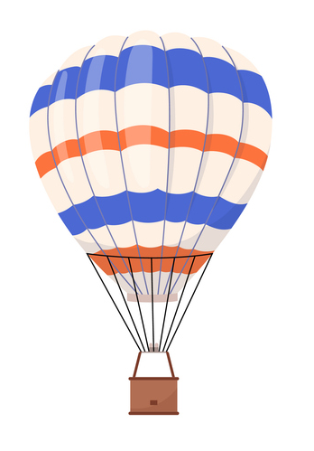 Hot air balloon with blue, orange, and white stripes, a brown basket, and black support lines. Hot air balloon with blue, orange, and white stripes, a brown basket, and black support lines.