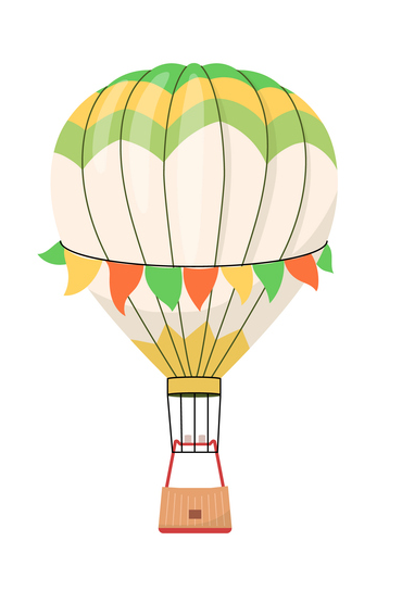 Hot air balloon with yellow, green, and orange details, with a basket, ready to fly. Hot air balloon with yellow, green, and orange details, with a basket, ready to fly.
