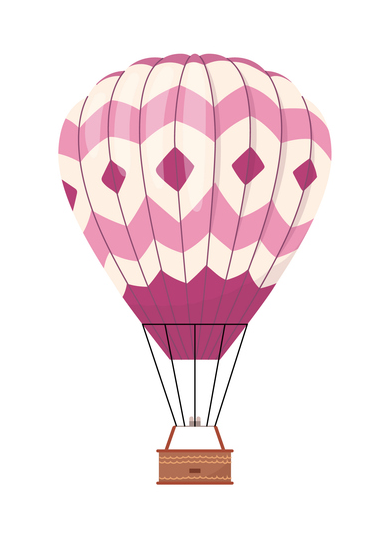 Pink and white hot air balloon with diamond accents, flying in the sky. Pink and white hot air balloon with diamond accents, flying in the sky.