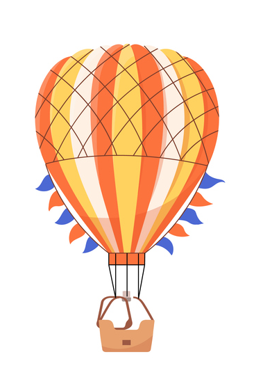 Orange and yellow hot air balloon with a basket.