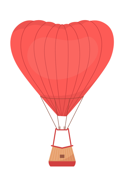 Red heart-shaped hot air balloon with a wooden basket, suspended in the air.