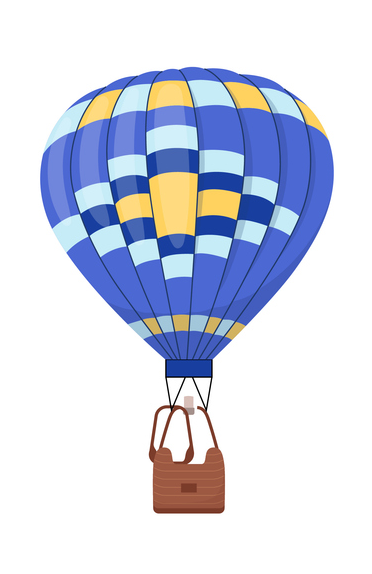 Blue and yellow hot air balloon ascending, with a brown basket below. Blue and yellow hot air balloon ascending, with a brown basket below.