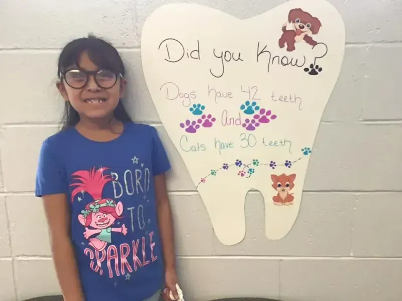 A young girl smiles, standing next to a poster shaped like a tooth with facts about dogs' and cats' teeth.