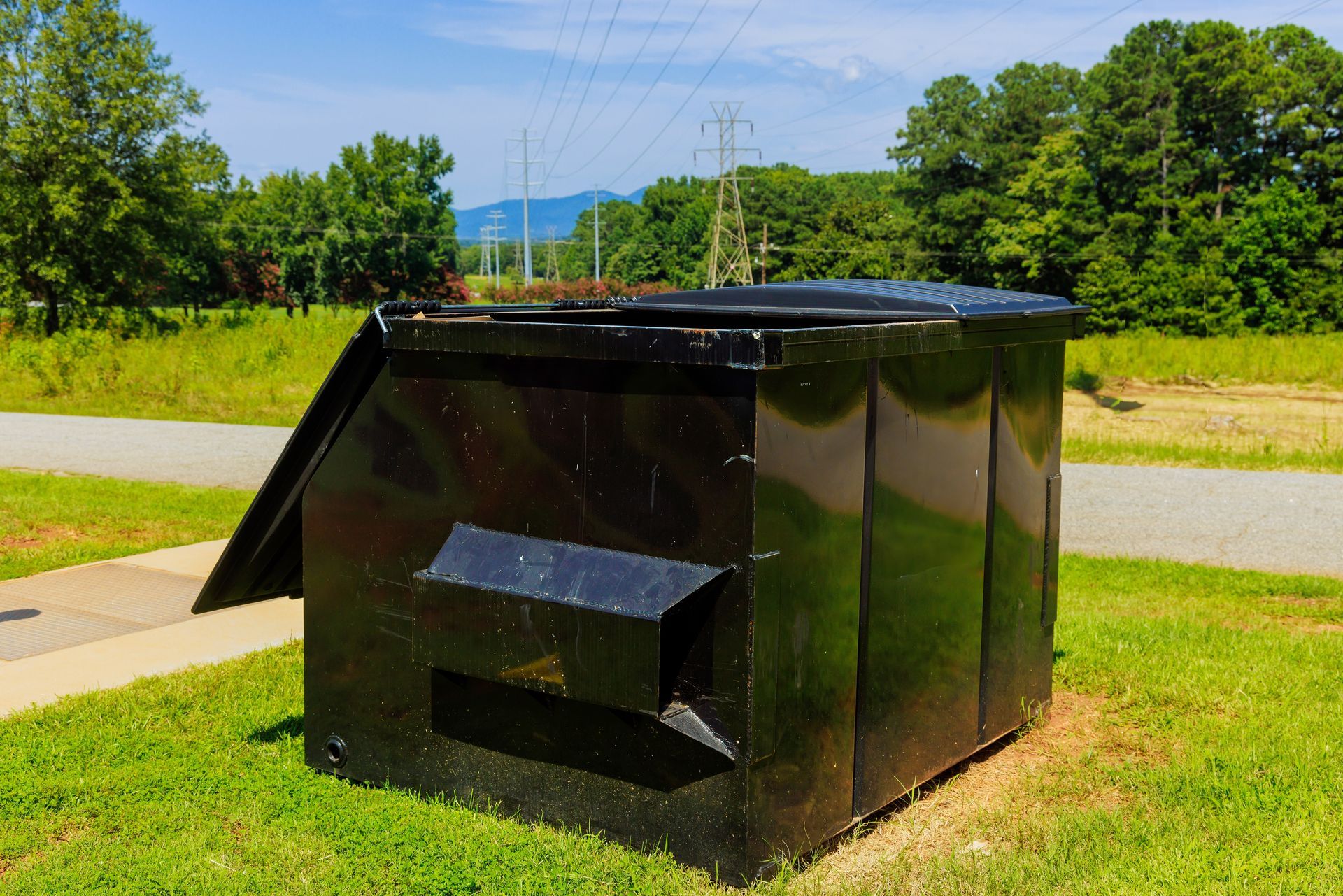 Black dumpster outdoors with open lid, set on green grass with trees and power lines in the background.
