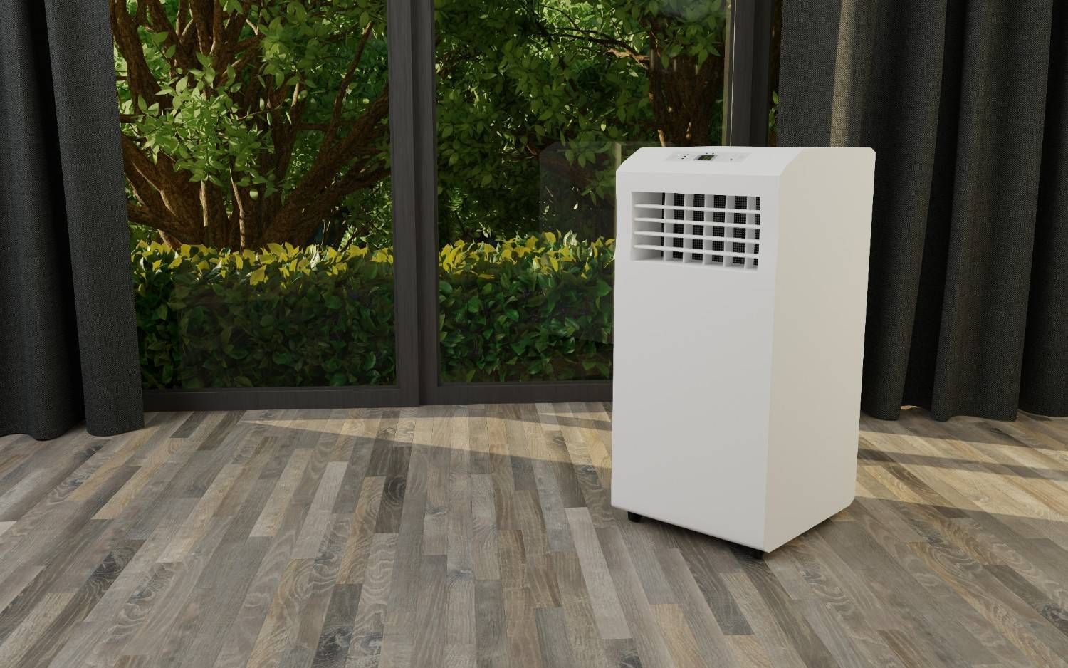 White Portable Air Conditioner in Front of A Window — Messina Air Conditioning & Electrical in Portsmith, QLD