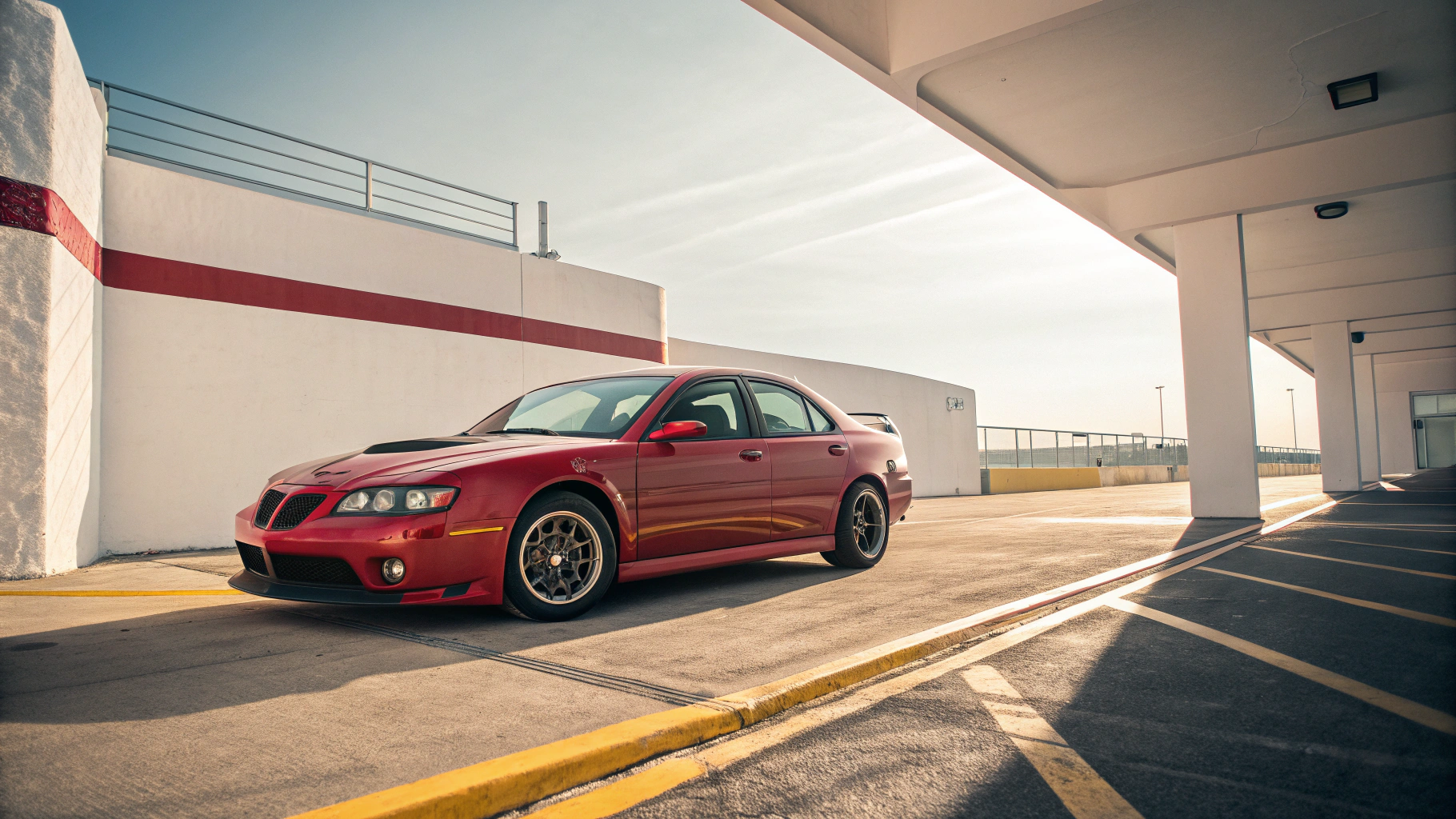 Mid-century modern credenza with a lamp and decorative objects, in a sunlit room.