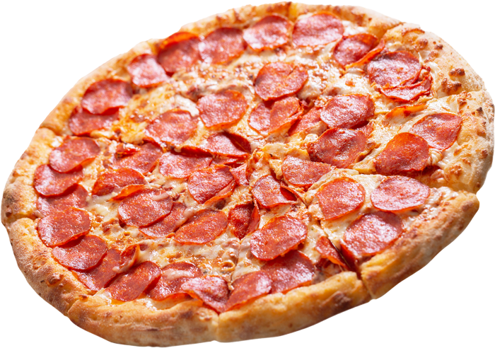 A pepperoni pizza with cheese and pepperoni slices on a white background.