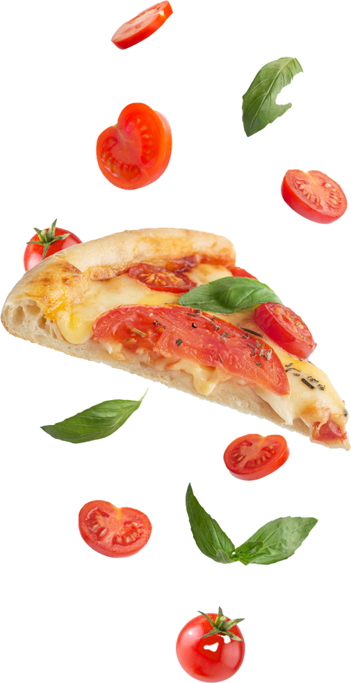 A slice of pizza with tomatoes and basil falling