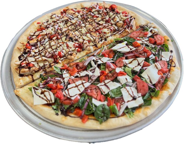 A pizza with different toppings on it is on a pan.