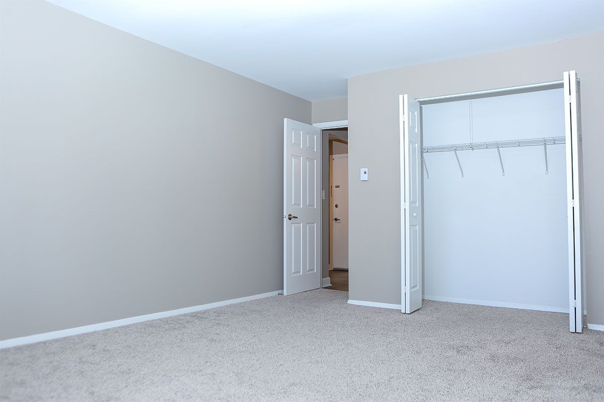 an empty bedroom with a closet and a door .