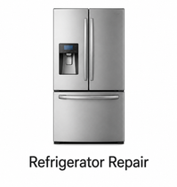 Silver refrigerator with dispenser and text “Refrigerator Repair”