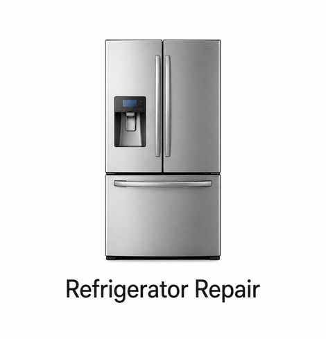 Stainless steel refrigerator with water dispenser, labeled “Refrigerator Repair”