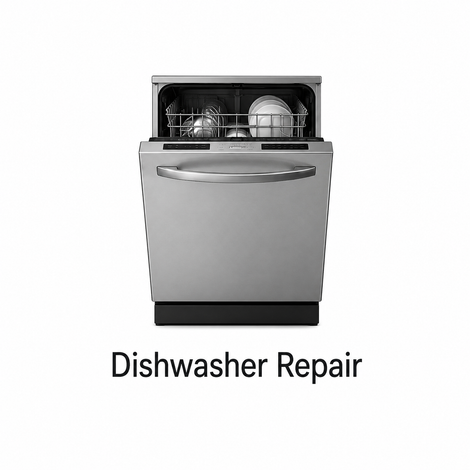 Silver dishwasher with open top and dishes inside, labeled 