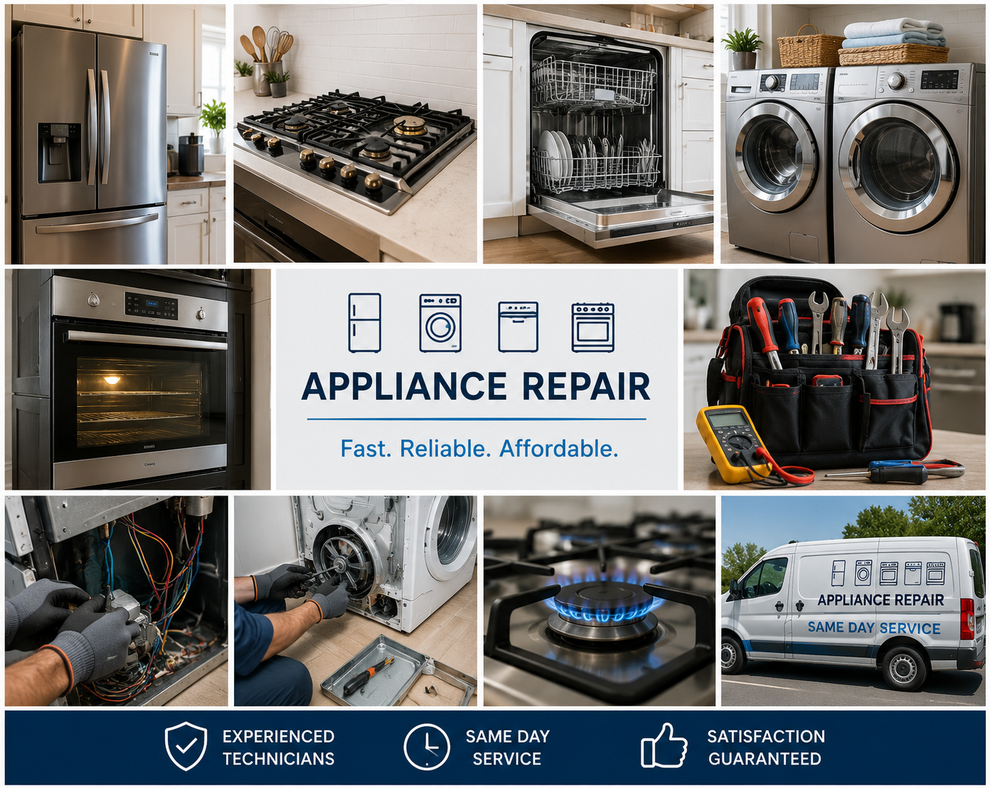 Appliance repair collage with washer, oven, fridge, technician, tools, and service icons.