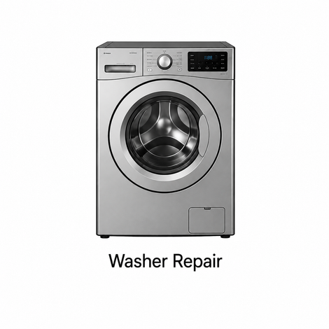 Front-loading washing machine with “Washer Repair” text underneath