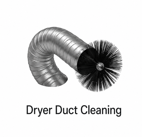 Flexible silver duct with brush and text “Dryer Duct Cleaning”