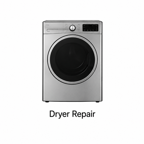 Silver front-loading dryer labeled “Dryer Repair” on a white background