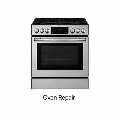 Stainless steel oven illustration with the text “Oven Repair” below it