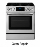 Stainless steel oven with digital controls and the text “Oven Repair” below