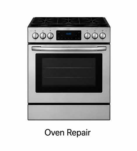 Stainless steel oven with black glass door and digital display, labeled “Oven Repair”