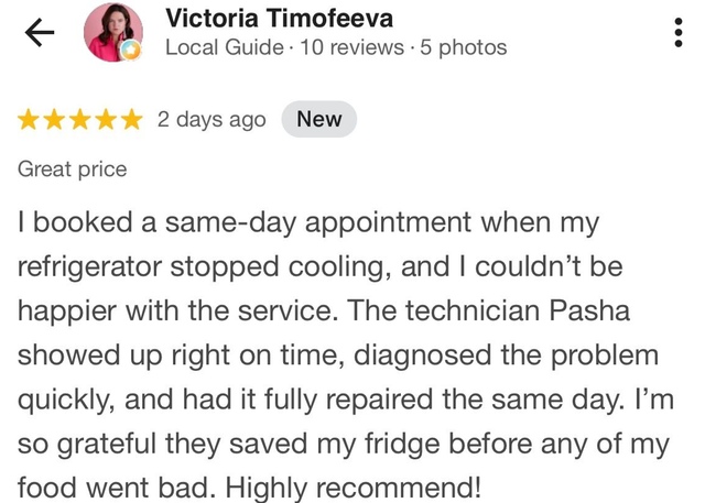 Google review screenshot praising same-day refrigerator repair by technician Pasha