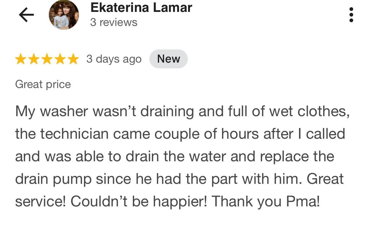 Screenshot of a 5-star Google review praising a washer repair technician named Puma