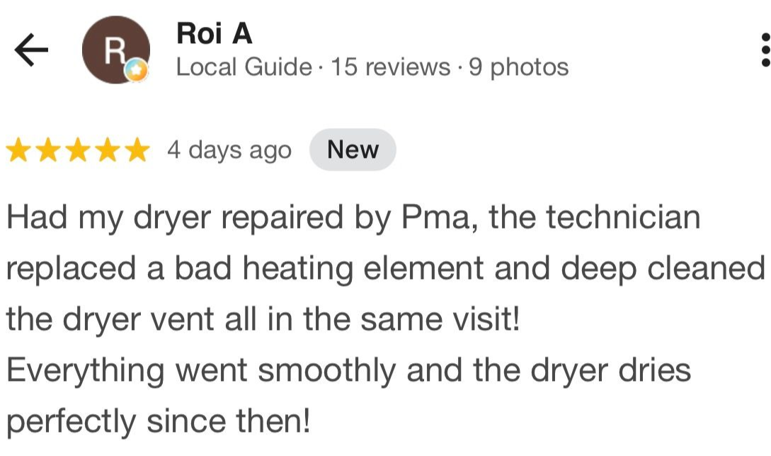 Review screenshot praising dryer repair and vent cleaning by Pma, with 5-star rating and “New” label