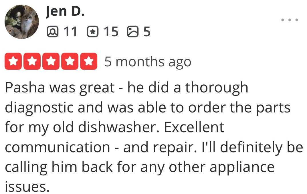 Five-star review praising Pasha’s thorough dishwasher repair, communication, and prompt service.