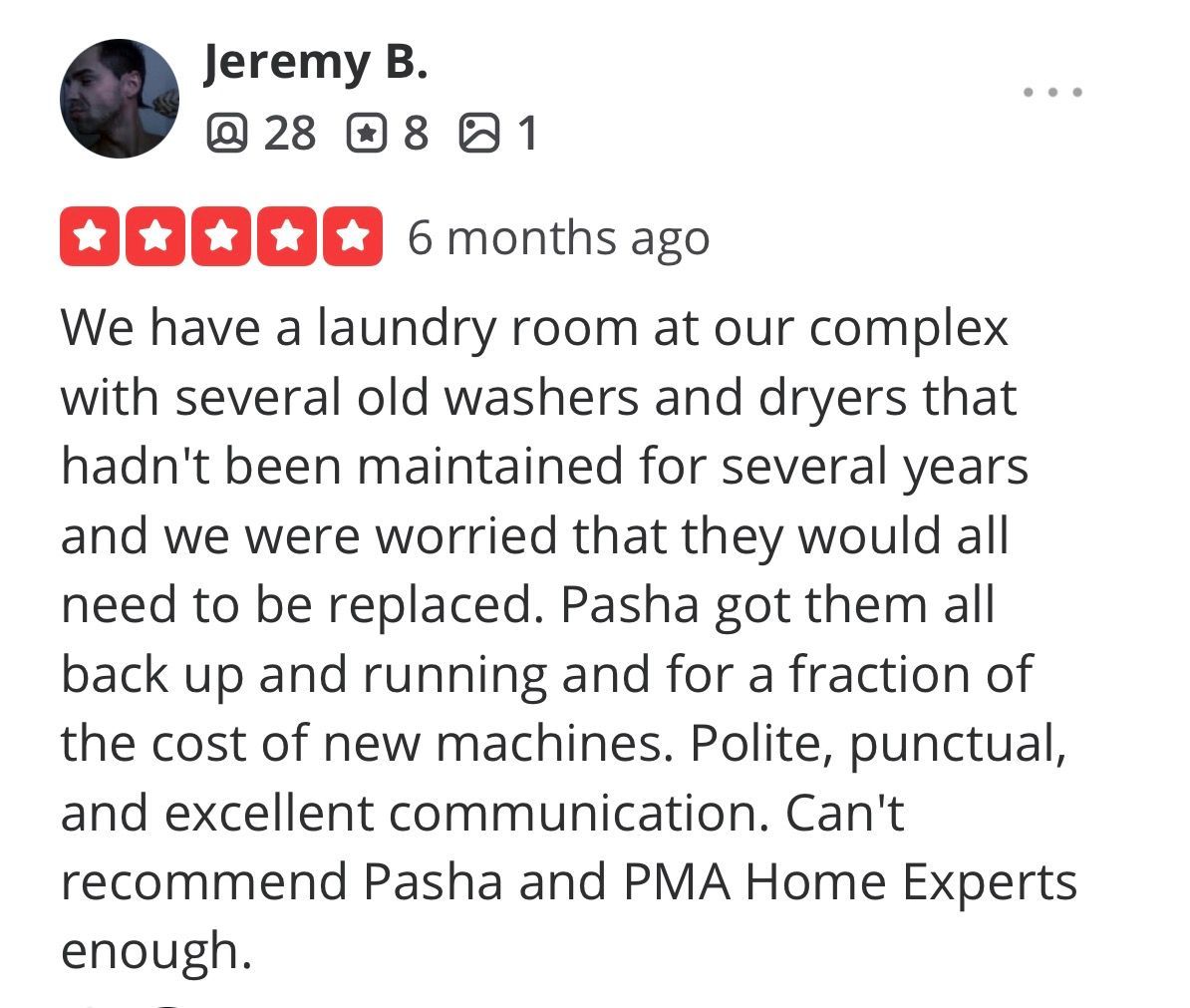 Review of Pasha and PMA Home Experts with five red stars and text praising laundry room repair.