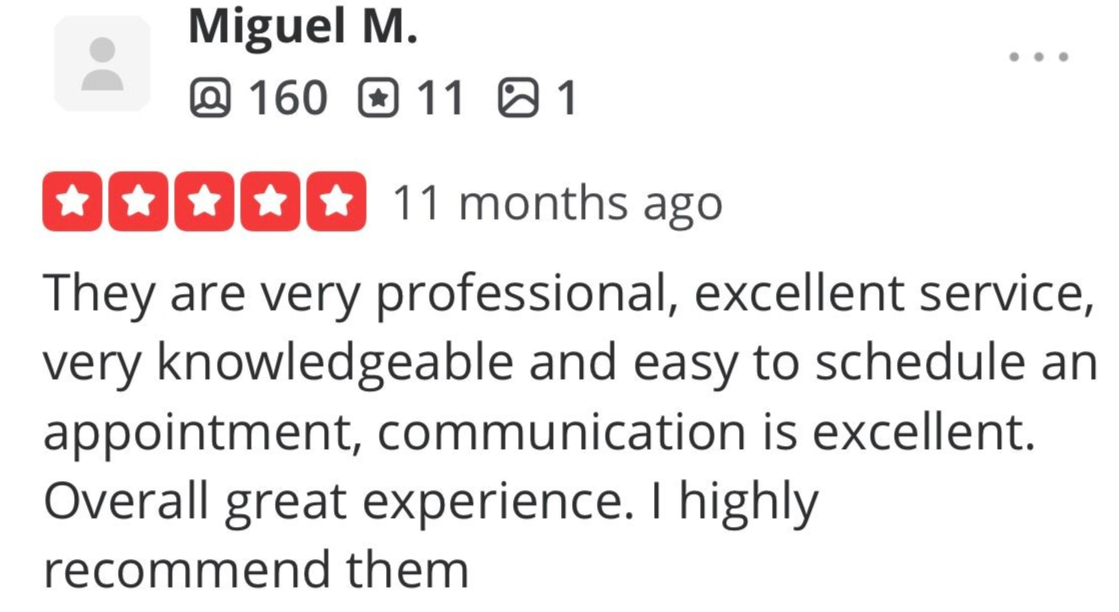 Customer review screenshot praising professional, knowledgeable service and easy appointment scheduling