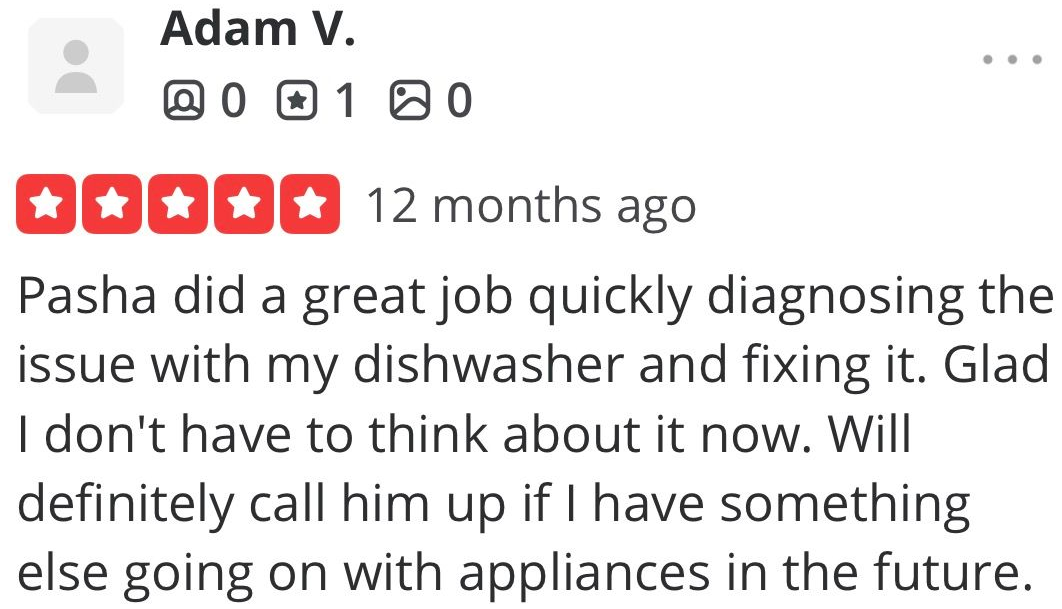 Review by Adam V. praising Pasha for quickly diagnosing and fixing a dishwasher issue; 5-star rating shown