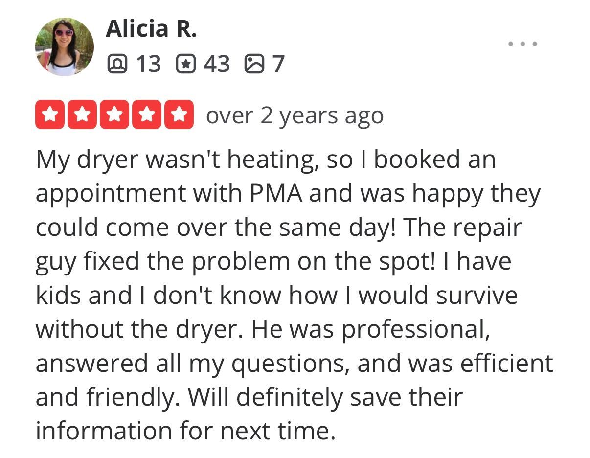 Screenshot of a 5-star review praising a dryer repair technician’s professional, efficient service