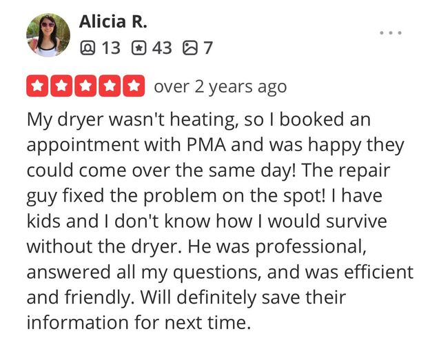 Five-star review praising a dryer repair technician’s prompt, professional service.
