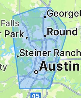 Map showing Austin, Texas with nearby areas highlighted in blue.
