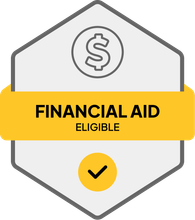 Badge: Financial Aid Eligible, blue banner, building icon, dollar sign.