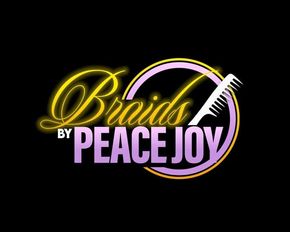 Logo for "Braids by Peace Joy" featuring text and a comb, set against a black background.