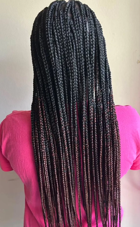 Woman with long box braids, black to brown ombre, wearing a pink shirt.