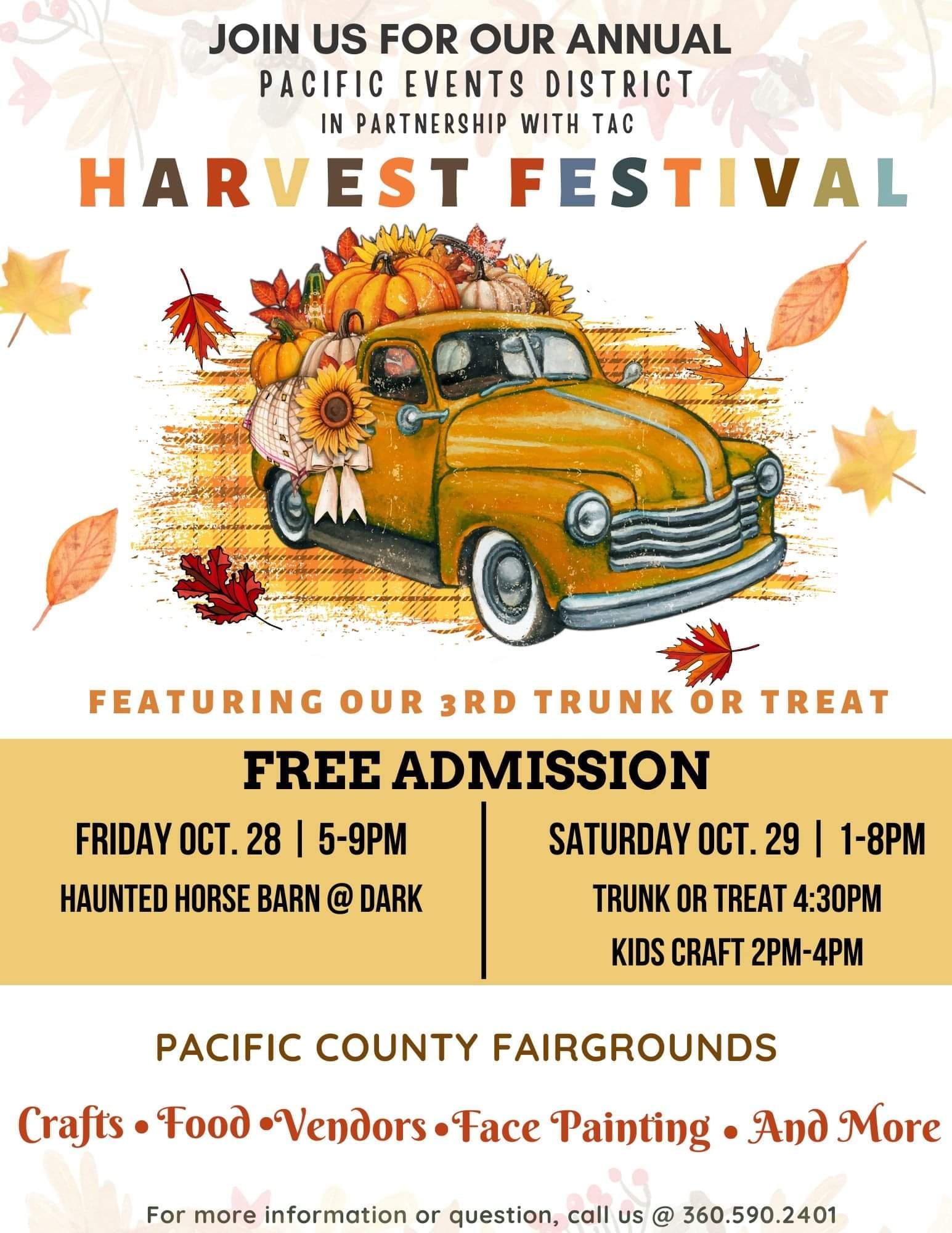 A poster for a harvest festival featuring a truck filled with pumpkins and leaves.