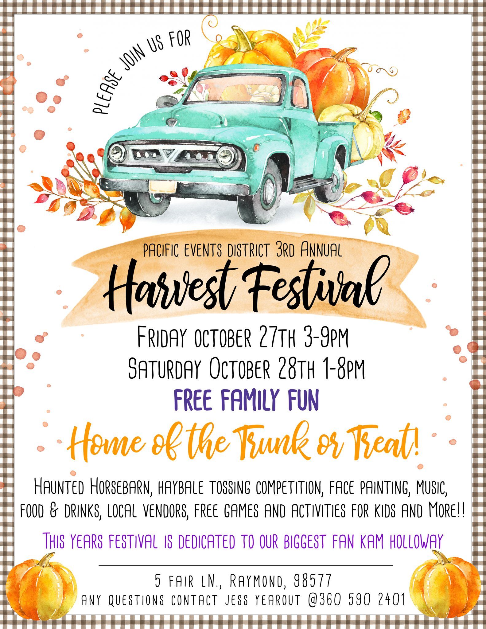 A poster for a harvest festival with a truck and pumpkins.