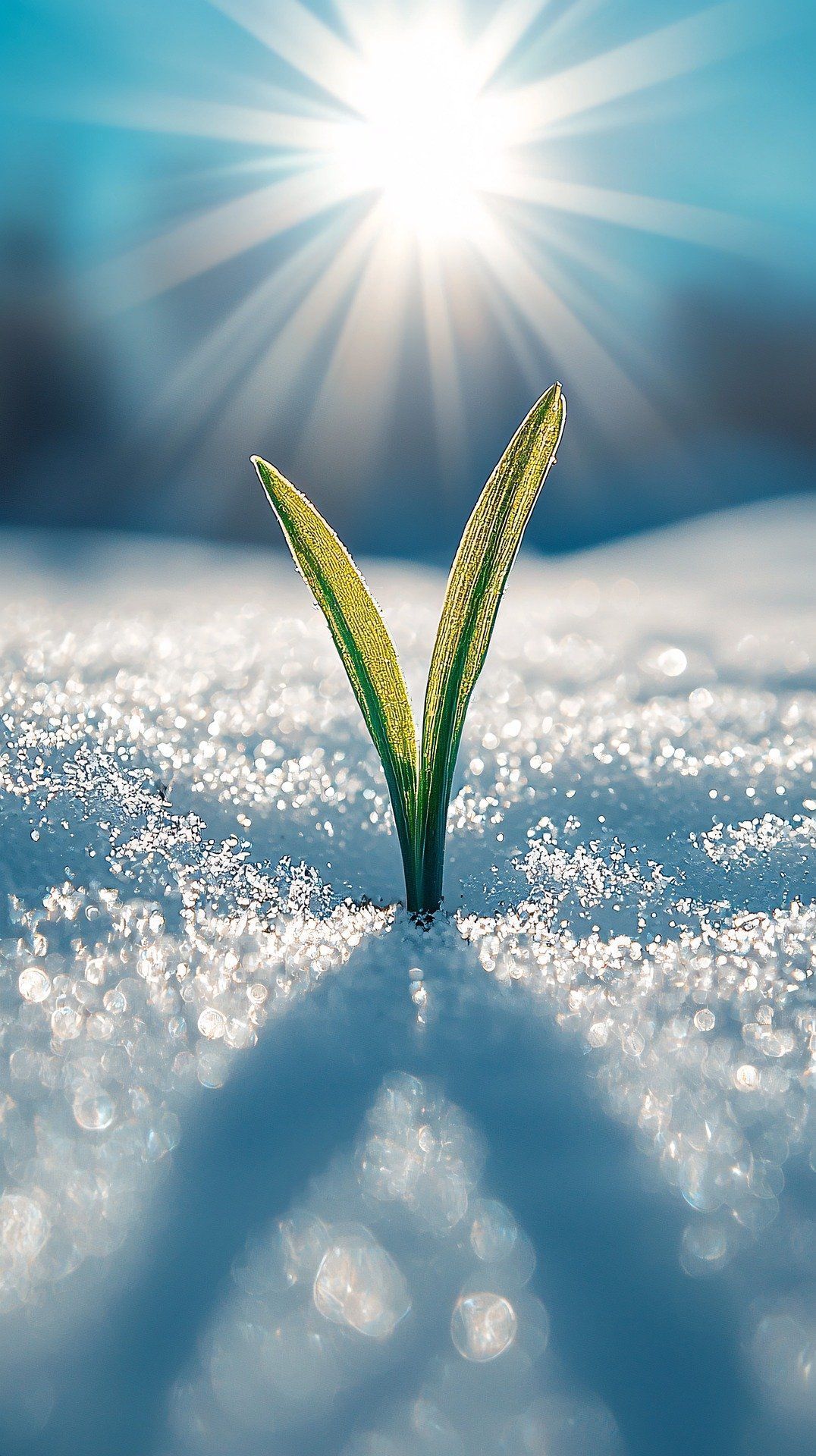 Grüne Pflanze wächst im Schnee und die Sonne scheint