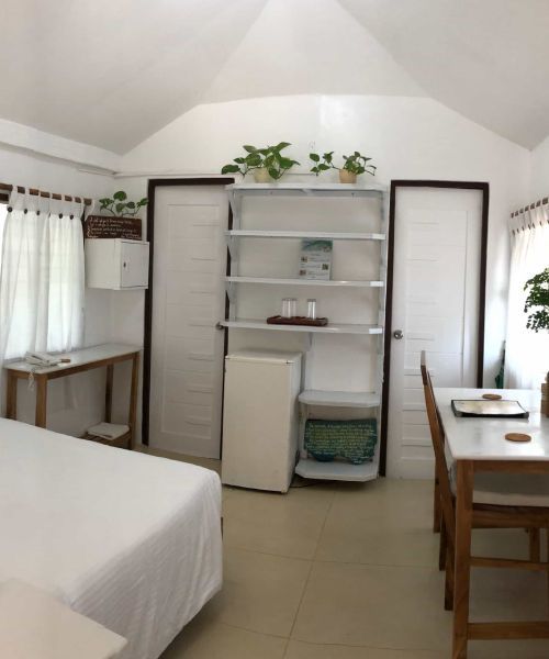 Interior room with white walls, bed, doors, and shelves with plants and a mini-fridge.