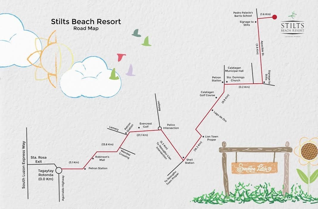 Map of Stills Beach Resort with directions, clouds, birds, and a sun graphic.