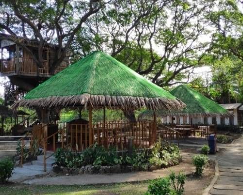 Gazebos with green thatched roofs and wooden railings in a park-like setting. Treehouse visible in background.