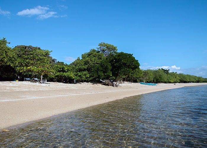 Beach with white sand, clear water, and green trees under a blue sky.