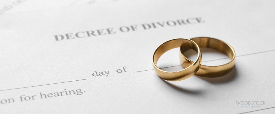 Divorce document with two gold wedding bands, representing end of a marriage or civil partnership