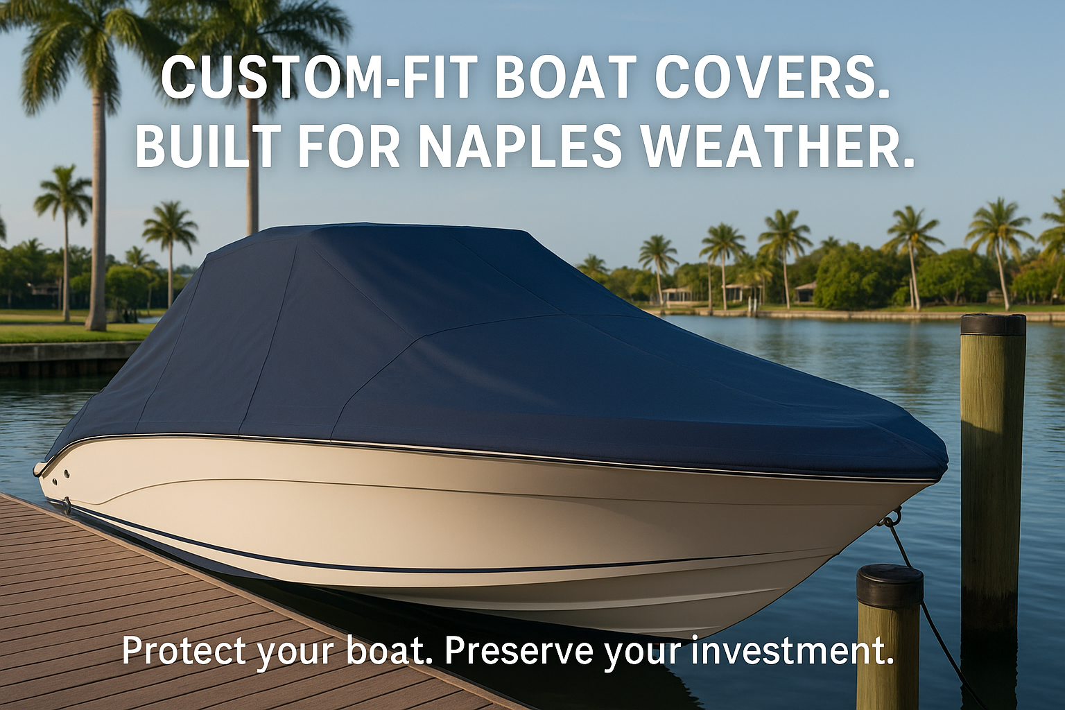 A sleek, docked boat with a tight, custom-fitted canvas cover in a clean neutral tone in Naples, FL